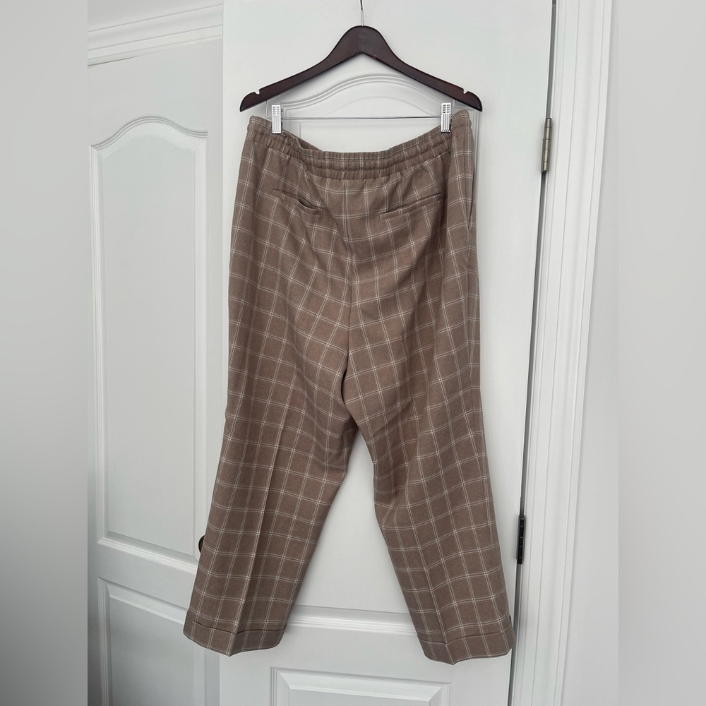 Ann Taylor Factory XL Windowpane Plaid Pull-On Pants Taupe Elastic Waist Pockets - Picture 3 of 7